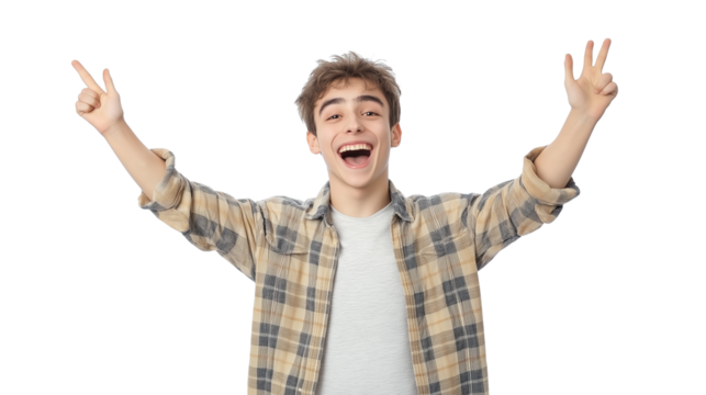 Student in a casual but smart outfit, enthusiastic and ambitious, young learner concept, isolated on a white background