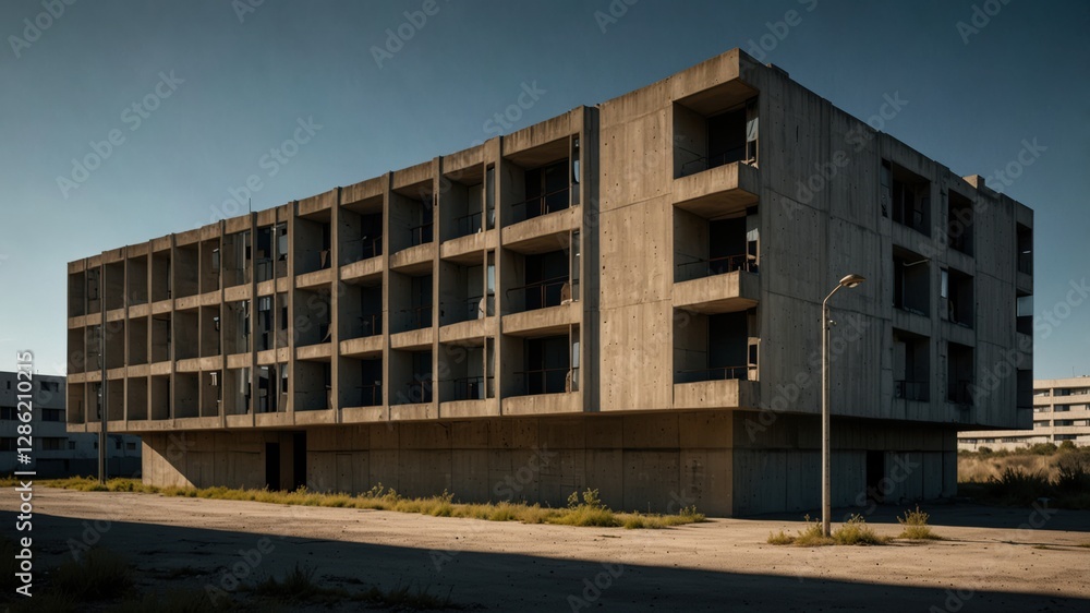 Aufkleber concrete building with repetitive window frames, evoking brutalist architecture and geometric design