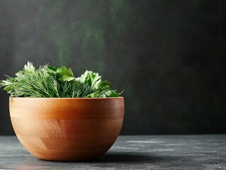 Wooden bowl filled with fresh green herbs on dark rustic background representing organic culinary ingredients farm to table cooking and natural healthy nutrition trends