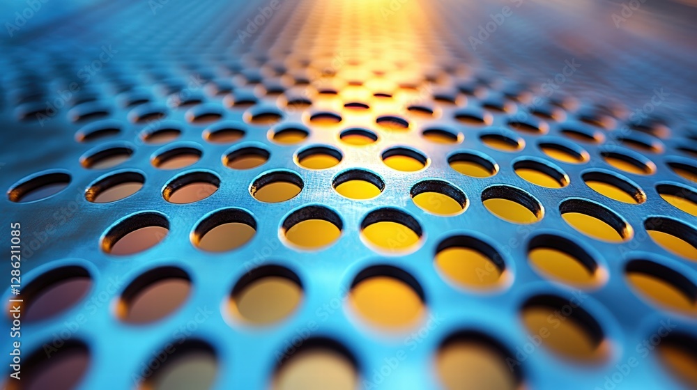 Poster closeup of a textured metal bench highlighting an array of strategically placed holes and patterns