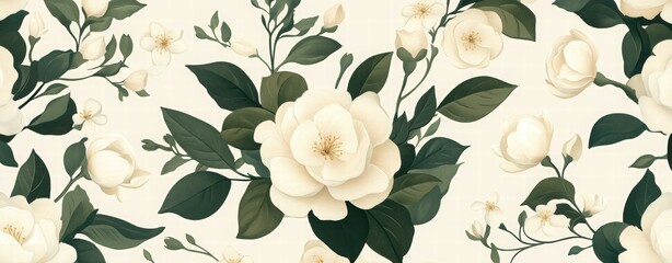 Seamless Floral Pattern Creamy White Roses and Dark Green Leaves on Beige