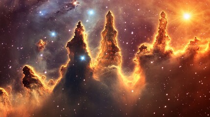 A cosmic cathedral of glowing nebula spires towers above a futuristic star system