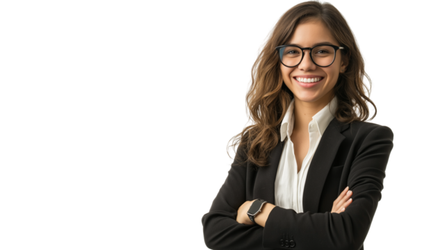 Portrait of a smiling businesswoman, a professional and confident woman in suit, isolated on transparent background