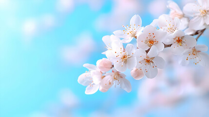 Fototapeta premium White cherry blossom flowers blooming on a branch against a soft blue sky background during spring.