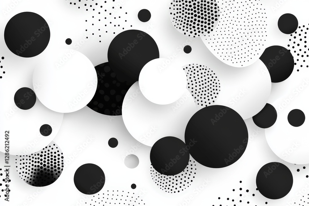 Poster black and white geometric abstract spheres and dots pattern forming visually striking modern minimal