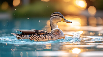 Duck swimming on rippling water, golden hour, macro, tranquil, vibrant, nature, serene, reflective