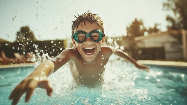young boy leaping into a swimming pool jump swimming, fun summer with family at home spa or resort vacation spring break school 