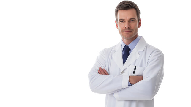 Pharmacist in a lab coat, standing confidently, intelligent and reliable expression, isolated on a white background
