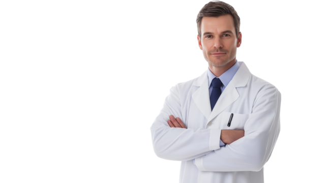 Pharmacist in a lab coat, standing confidently, intelligent and reliable expression, isolated on a white background