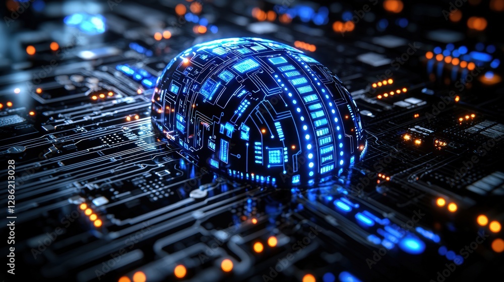 Poster sphere placed on computer circuit board representing the intersection of technology and design