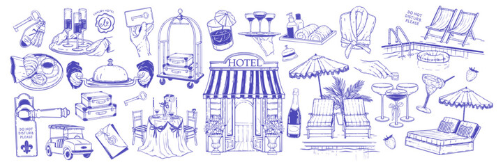 Hotel doodle set, vector hand drawn summer vacation rest line illustration, wedding honeymoon print. Relax pool holiday icon, cocktail beverages, waiter tray, villa entrance door. Hotel doodle icon
