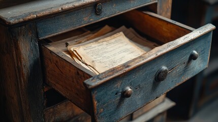 Old wooden drawer with rusted metal handles, slightly ajar, revealing faded papers inside