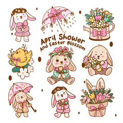 Cute april shower and easter blossom elements isolated on white background.
Vector illustration.