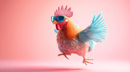 Obraz premium Colorful chicken, blue sunglasses, flying, light pink background, Easter concept, 