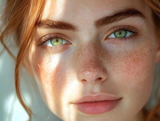 Fototapeta premium Captivating Headshot of Radiant Woman with Glowing Freckles and Natural Lighting