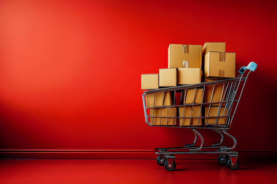 Stack of cardboard boxes in shopping cart against red background