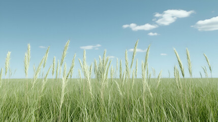 Fototapeta premium Tall green grass stalks sway in a vast meadow under a clear blue sky with light clouds during a bright sunny day.