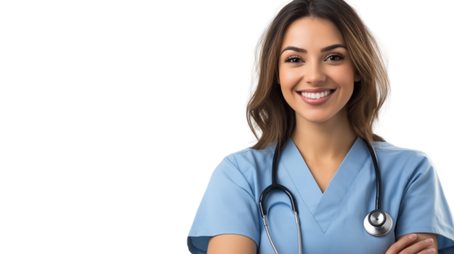 Friendly nurse in light blue scrubs, warm and compassionate smile, healthcare professional, isolated on a white background
