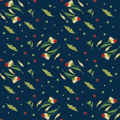 Seamless floral pink pattern with cute ladybugs on blue background, pxl 5000x5000
