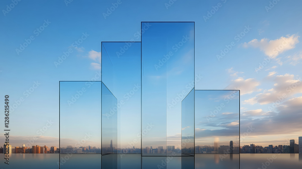 Poster conceptual image of city skyline with glass structures reflecting sky. scene captures serene atmosph