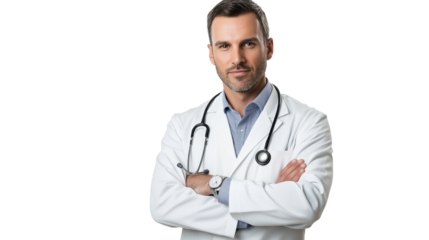 Professional doctor in a white lab coat, stethoscope around the neck, confident and caring expression, isolated on a white background