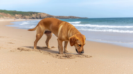 curious dog digging its head into sandy shore, enjoying beach. playful atmosphere and gentle waves create joyful scene of exploration and fun
