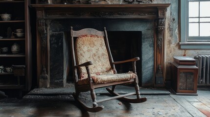 Old wooden rocking chair with frayed upholstery, sitting beside an antique fireplace 
