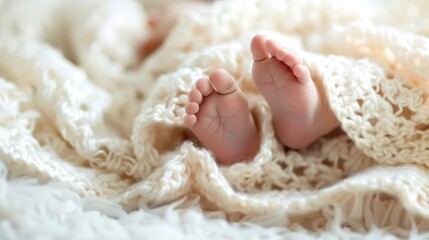 Newborn baby's delicate feet resting on a soft blanket, symbolizing the beginning of life and birth announcement, capturing the essence of new beginnings and family joy.