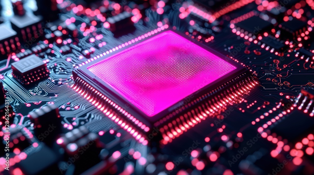 Poster highquality image of a pink processor chip resting on top of a computer circuit board