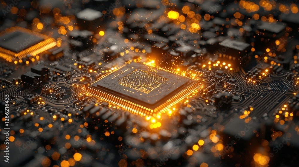 Poster closeup view of a complex circuit board featuring intricate electronic circuit designs