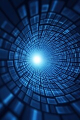 Blue glowing cyber tunnel with endless grid perspective technology connection high speed digital pathway deep virtual world futuristic cyberspace infinite data network visualization