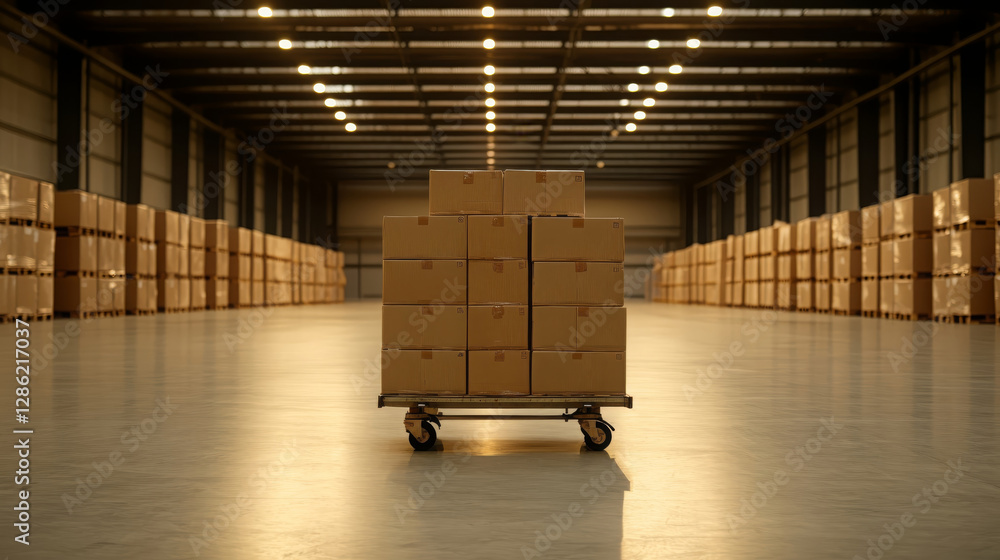 Aufkleber dolly cart filled with neatly stacked boxes sits in spacious warehouse, surrounded by rows of additi