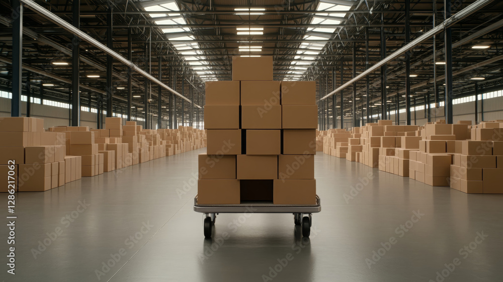 Aufkleber dolly cart filled with stacked boxes is positioned in spacious warehouse, surrounded by neatly arran