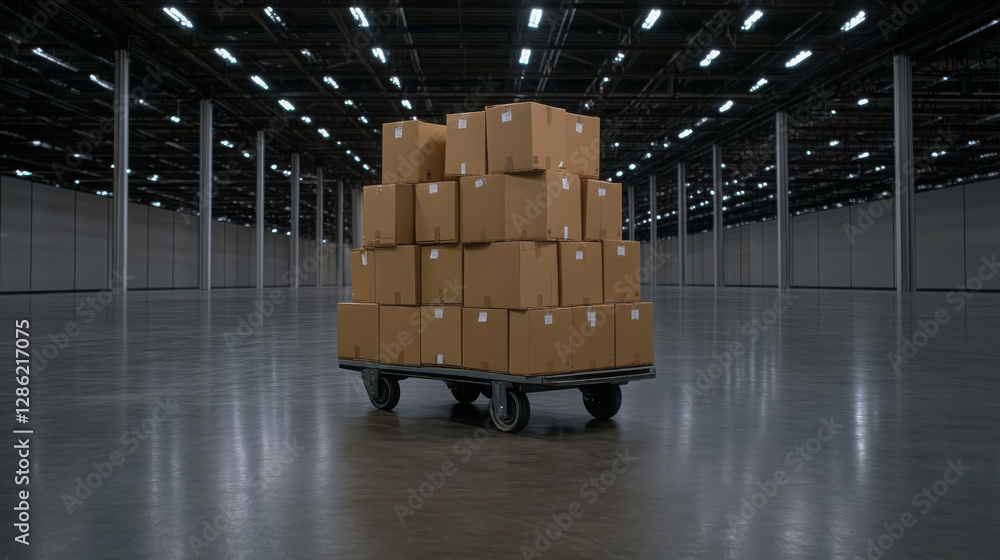 Poster stacked cardboard boxes on dolly cart in spacious warehouse, showcasing organized storage solution. 