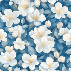 Watercolor White Flowers and Blue Green Leaves Seamless Pattern