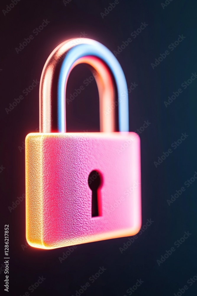 Poster neon glowing pink padlock with cyber security encryption concept floating in dark digital space with