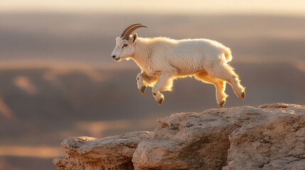 dynamic shot of mountain goat leaping between rocky cliffs, showcasing its agility and grace in stunning natural landscape. warm light enhances scene beauty