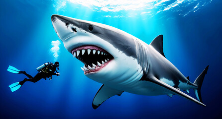 Great white shark, a dangerous predator with sharp teeth, swimming in the deep blue ocean
