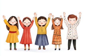 Group of cheerful children raising hands in celebration wearing colorful traditional outfits in playful flat style digital illustration with white background