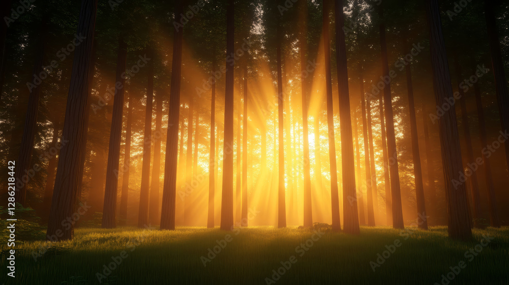Poster forest clearing at sunset with golden rays shining through tall trees, creating serene and magical a