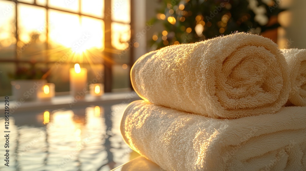 Poster a neatly stacked pile of soft towels in relaxing colors ready for use in a bath setting
