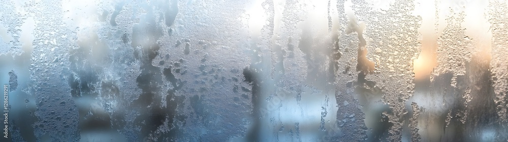 Poster Close up of a frosty window pane with intricate patterns of frozen water droplets and crystals reflecting the warm glow of a setting sun or rising dawn  The blurred