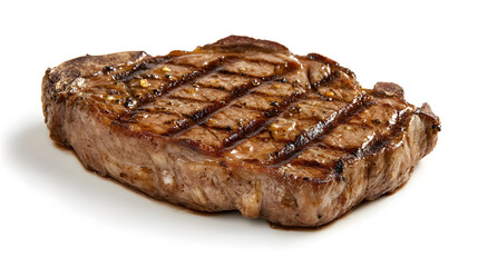 Close up of a juicy mouthwatering grilled steak seared to a perfect char with a rustic savory texture and aroma presented on a clean white background for a classic culinary composition