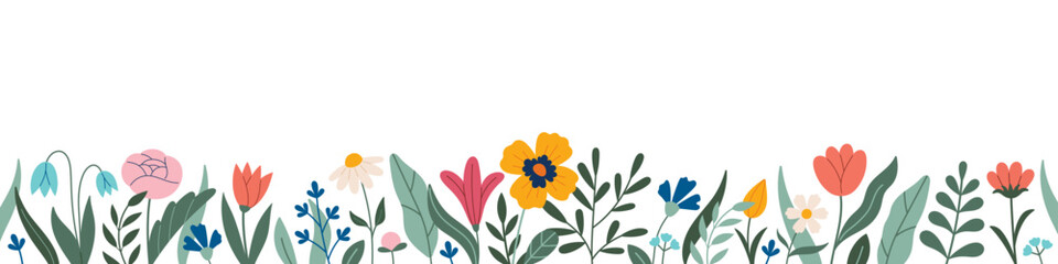Decorative frame, border, frieze with flowers - poppies, tulips, leaves, lilies, daffodils. Vector. Doodle style. Copy space, design template. Hand drawn spring and summer flowers and foliage
