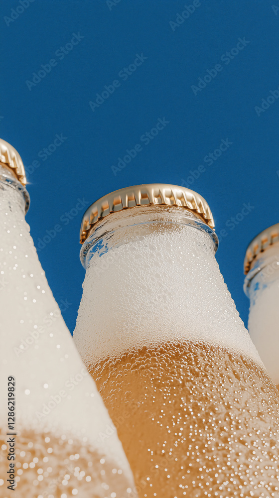 Poster refreshing brews: an invigorating close-up showcases the frothy tops of chilled beverage bottles set