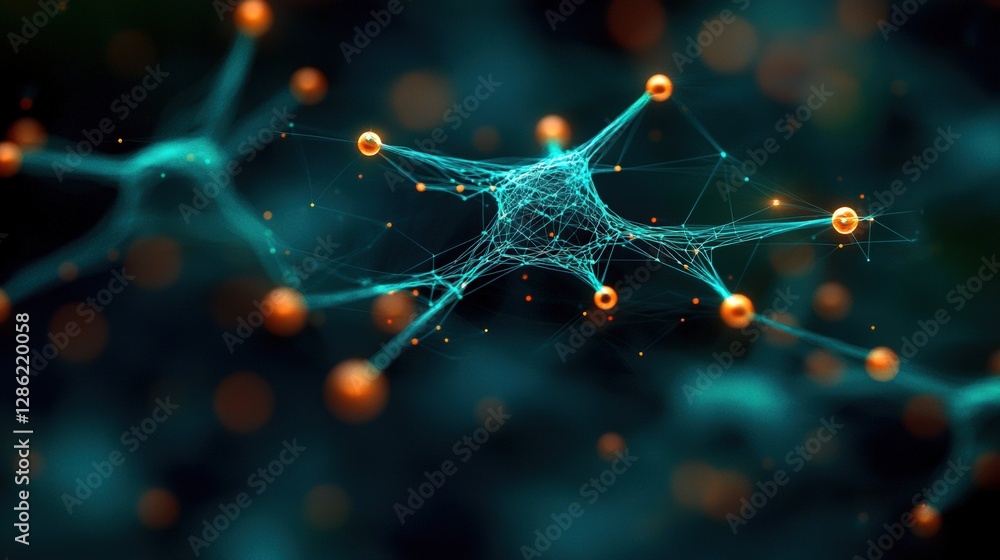 Poster Neurons and nerve cells with orange dots illustrating complex neural connections