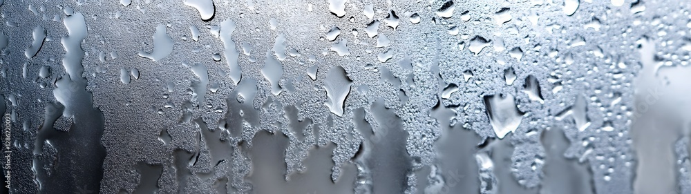 Poster close up view of a rainy glass window with water droplets reflections and a blurred textured backgro