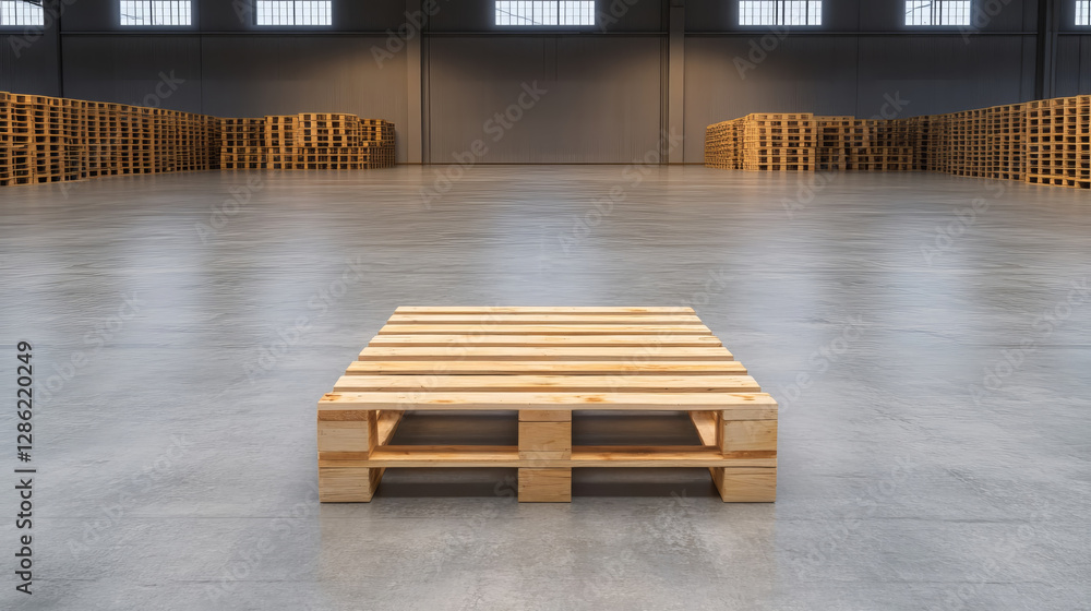 Poster lone wooden pallet stands in middle of vast, empty warehouse, surrounded by rows of stacked pallets.