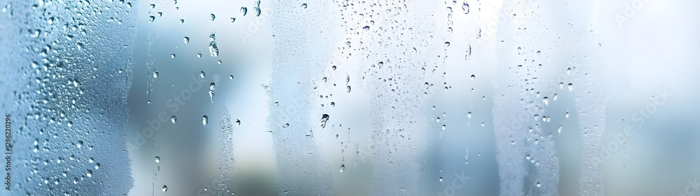 Poster close up view of a rainy window glass with blurry reflection of water droplets and a hazy atmospheri