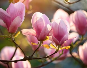 Obraz premium pink magnolia flowers blooming in spring garden